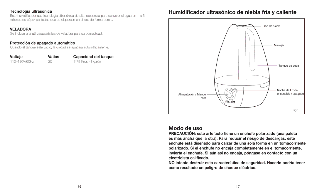 HoMedics UHE-CM25 instruction manual Humidificador ultrasónico de niebla fría y caliente, Modo de uso, Veladora 