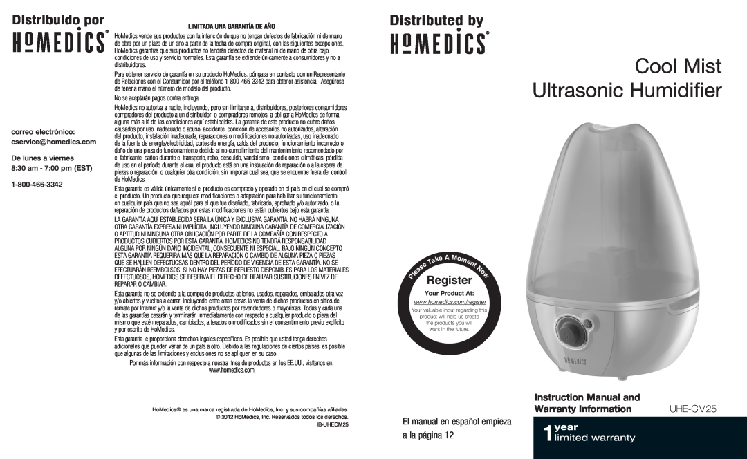 HoMedics UHE-CM25 instruction manual Cool Mist Ultrasonic Humidifier, Register, El manual en español empieza a la página 