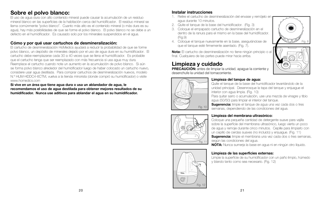 HoMedics UHE-CM25 instruction manual Sobre el polvo blanco, Limpieza y cuidado, Limpieza del tanque de agua 