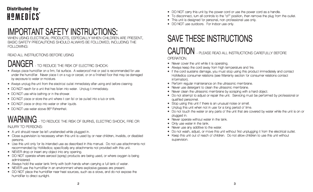 HoMedics UHE-CM25 instruction manual Important Safety Instructions, Save These Instructions 