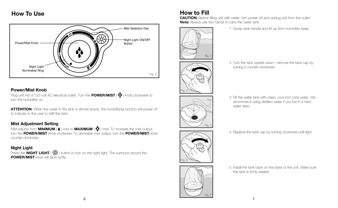 HoMedics UHE-CM25 instruction manual How to Fill, How To Use, Power/Mist Knob, Mist Adjustment Setting, Night Light 