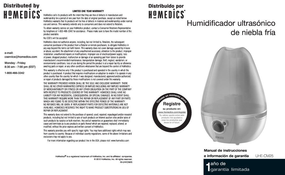 HoMedics UHE-CM25 Humidificador ultrasónico de niebla fría, Registre, Monday - Friday 8 30 am - 7 00 pm EST 