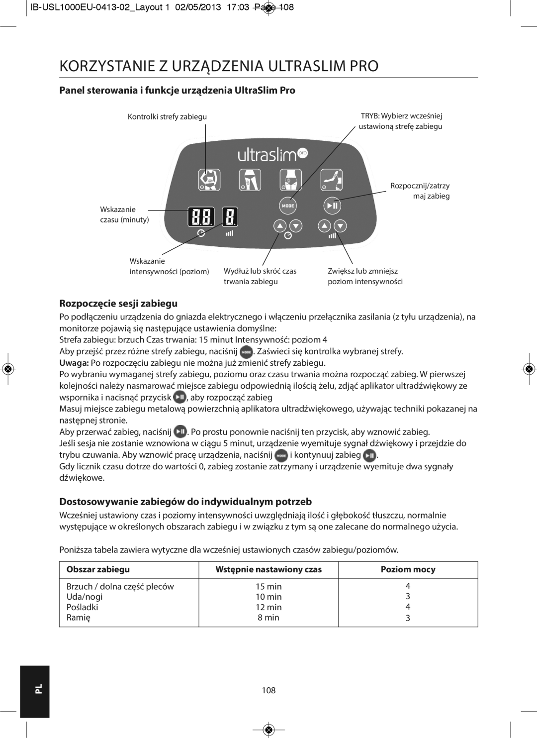 HoMedics USL-1000-EU Korzystanie Z Urządzenia Ultraslim PRO, Panel sterowania i funkcje urządzenia UltraSlim Pro 