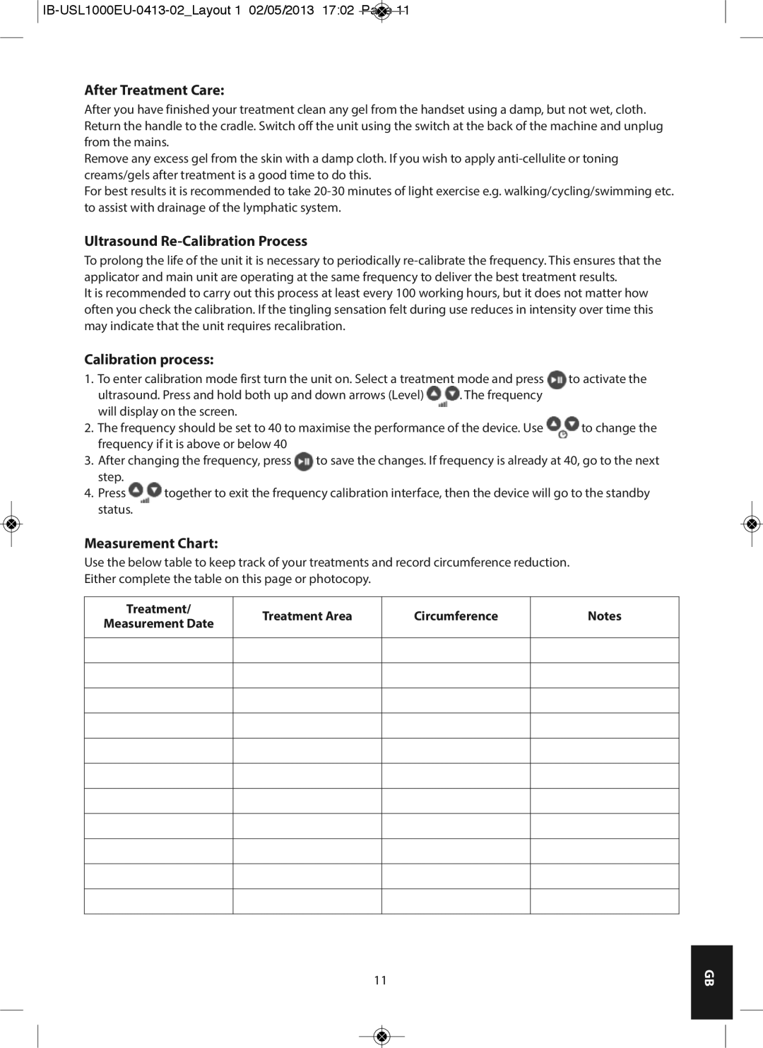 HoMedics USL-1000-EU After Treatment Care, Ultrasound Re-Calibration Process, Calibration process, Measurement Chart 