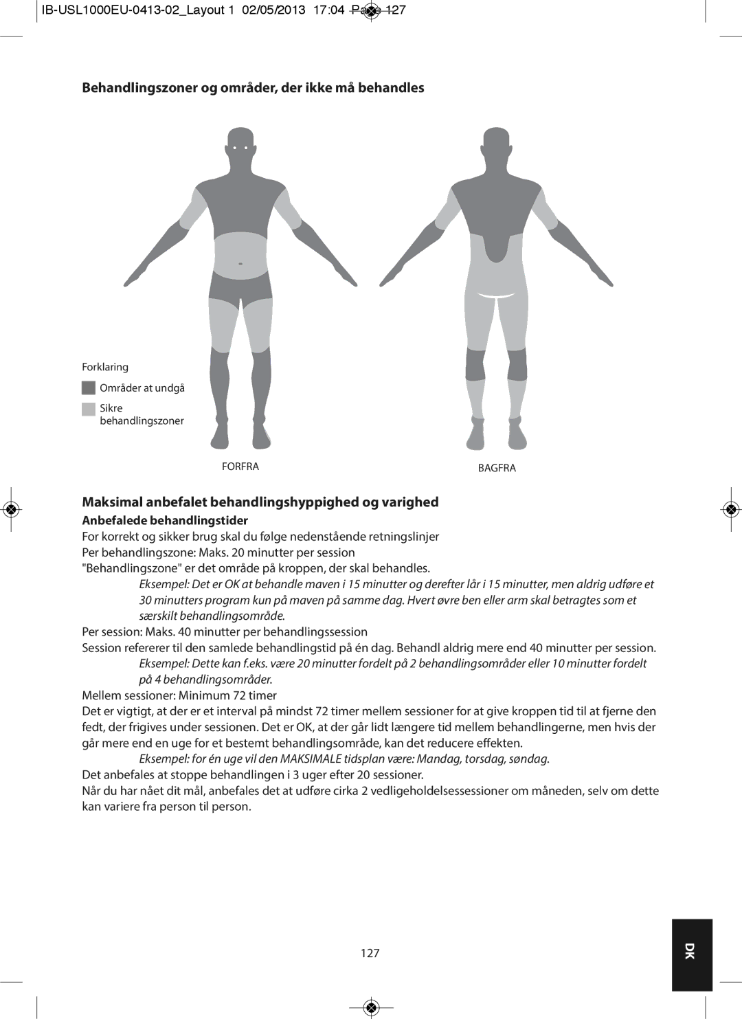 HoMedics USL-1000-EU instruction manual Behandlingszoner og områder, der ikke må behandles, Anbefalede behandlingstider 