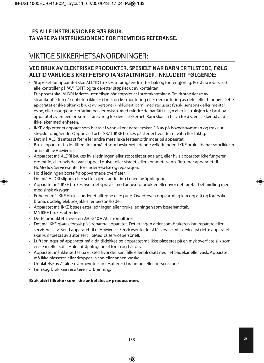 HoMedics USL-1000-EU Viktige Sikkerhetsanordninger, Bruk aldri tilbehør som ikke anbefales av produsenten, 133 