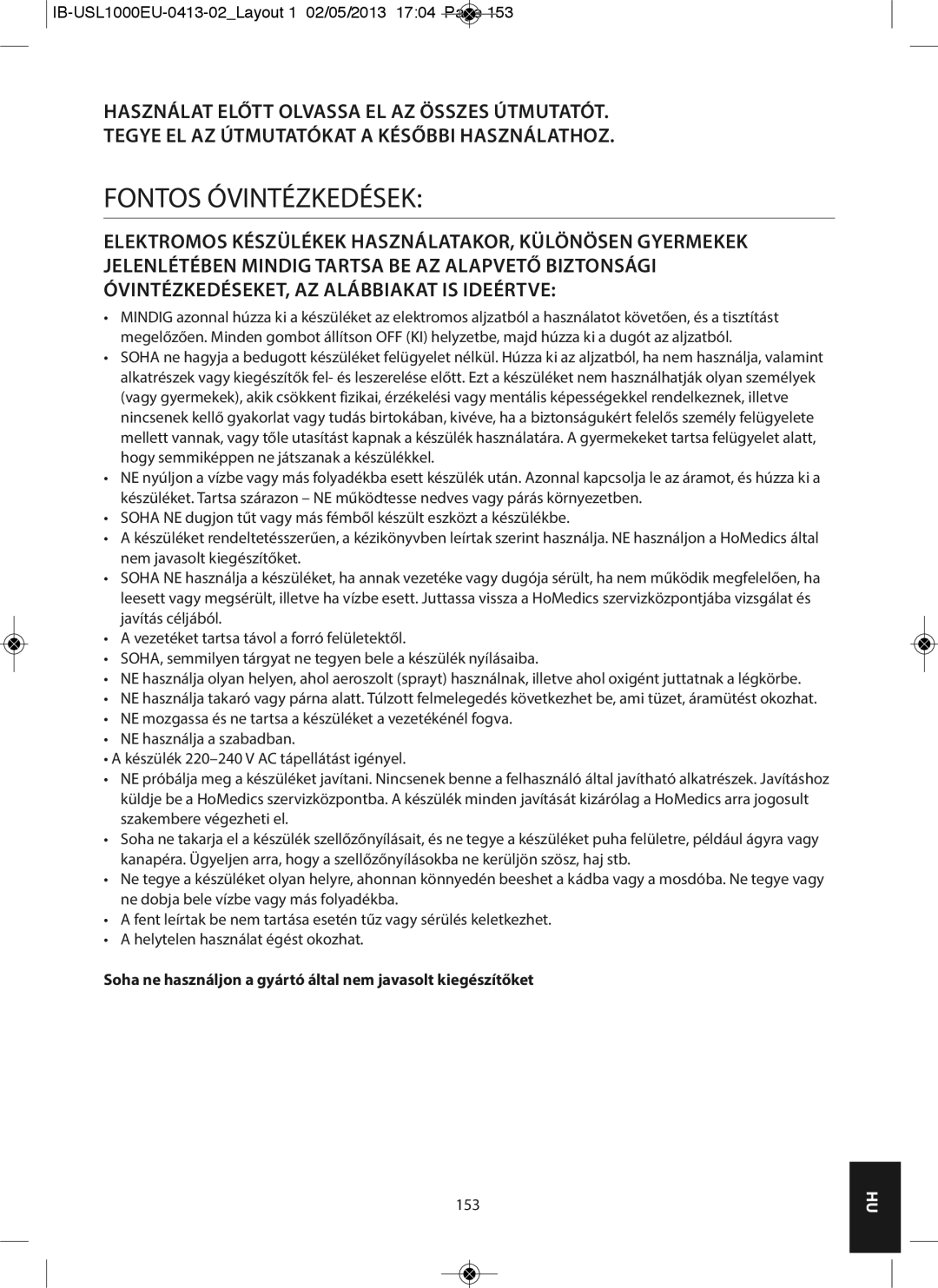 HoMedics USL-1000-EU instruction manual Fontos óVINTÉZKEDÉSEK, 153 