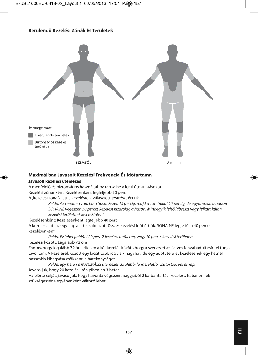 HoMedics USL-1000-EU Kerülendő Kezelési Zónák És Területek, Maximálisan Javasolt Kezelési Frekvencia És Időtartamn 