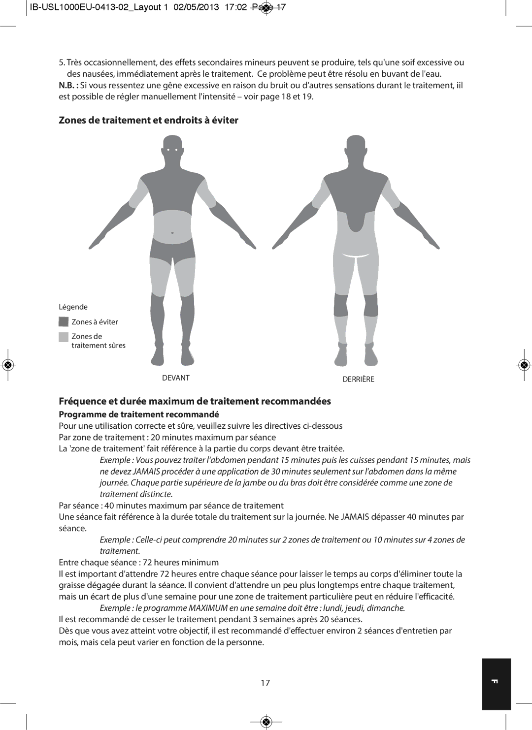 HoMedics USL-1000-EU Zones de traitement et endroits à éviter, Fréquence et durée maximum de traitement recommandées 