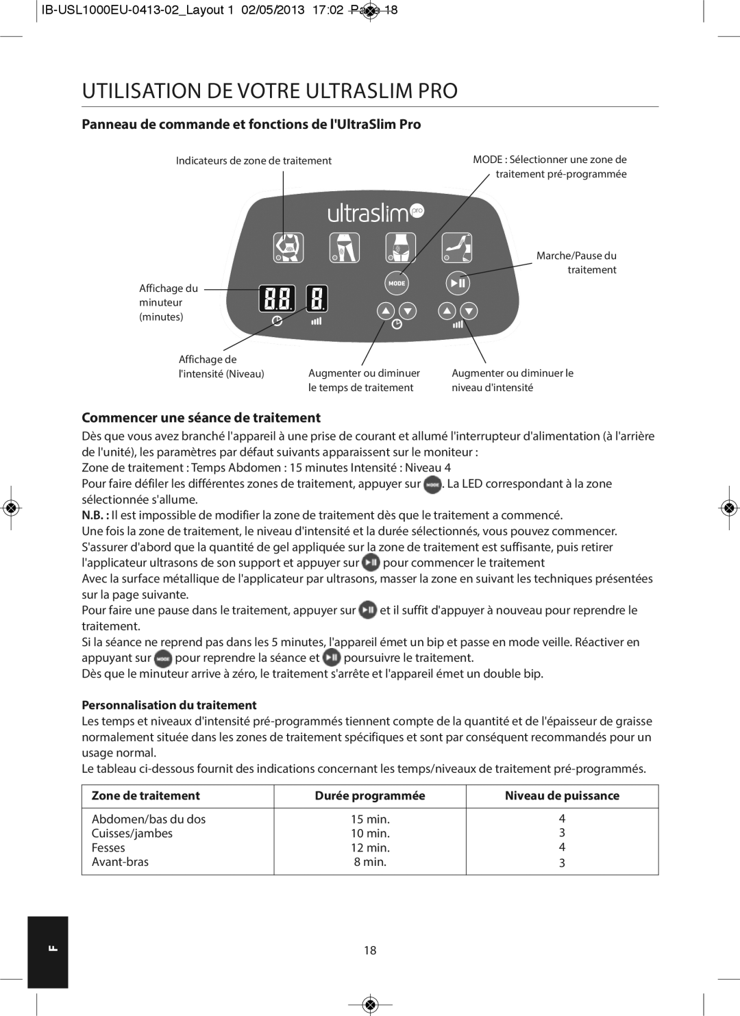 HoMedics USL-1000-EU Utilisation DE Votre Ultraslim PRO, Panneau de commande et fonctions de lUltraSlim Pro 