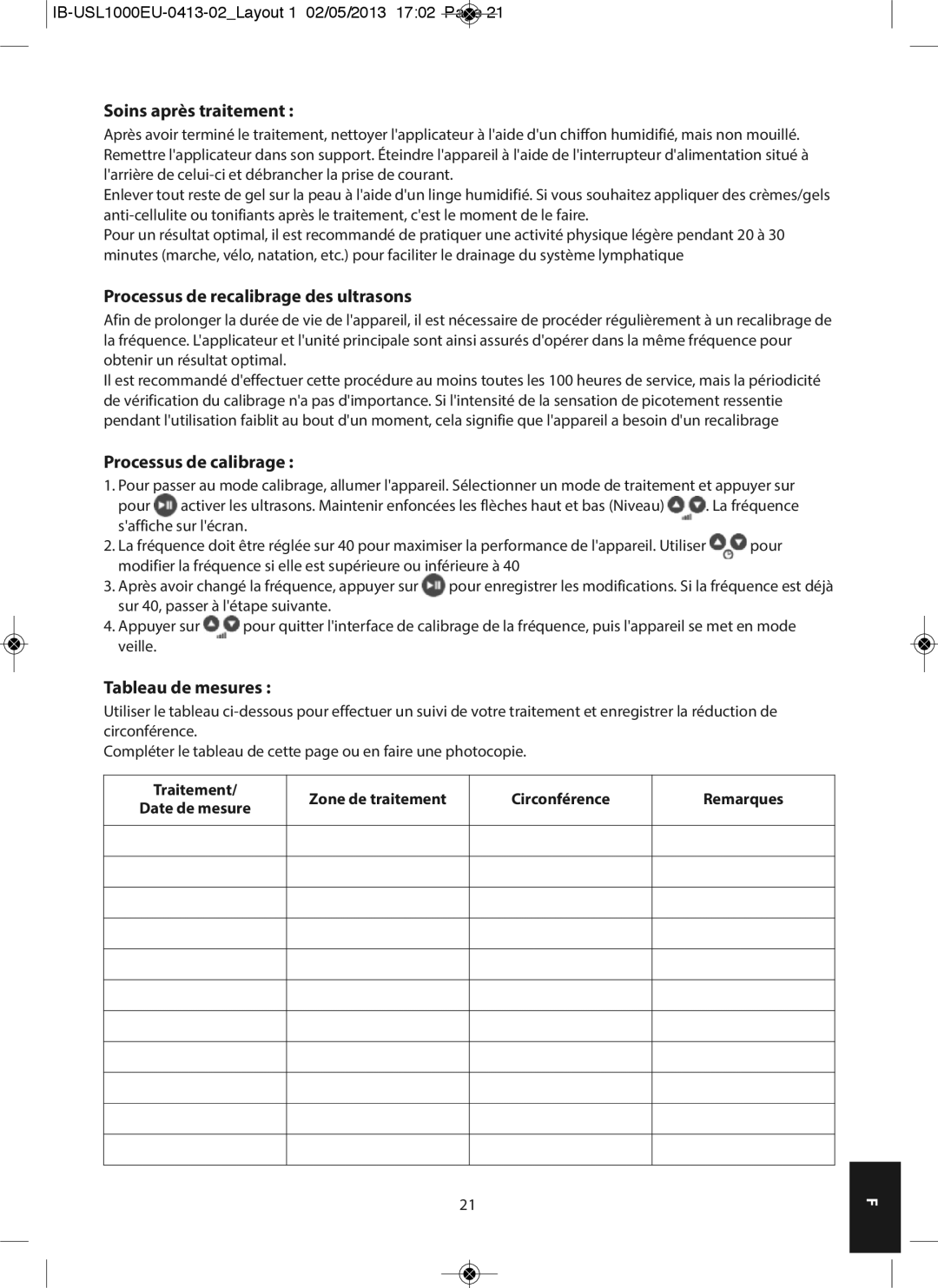 HoMedics USL-1000-EU Soins après traitement, Processus de recalibrage des ultrasons, Processus de calibrage 