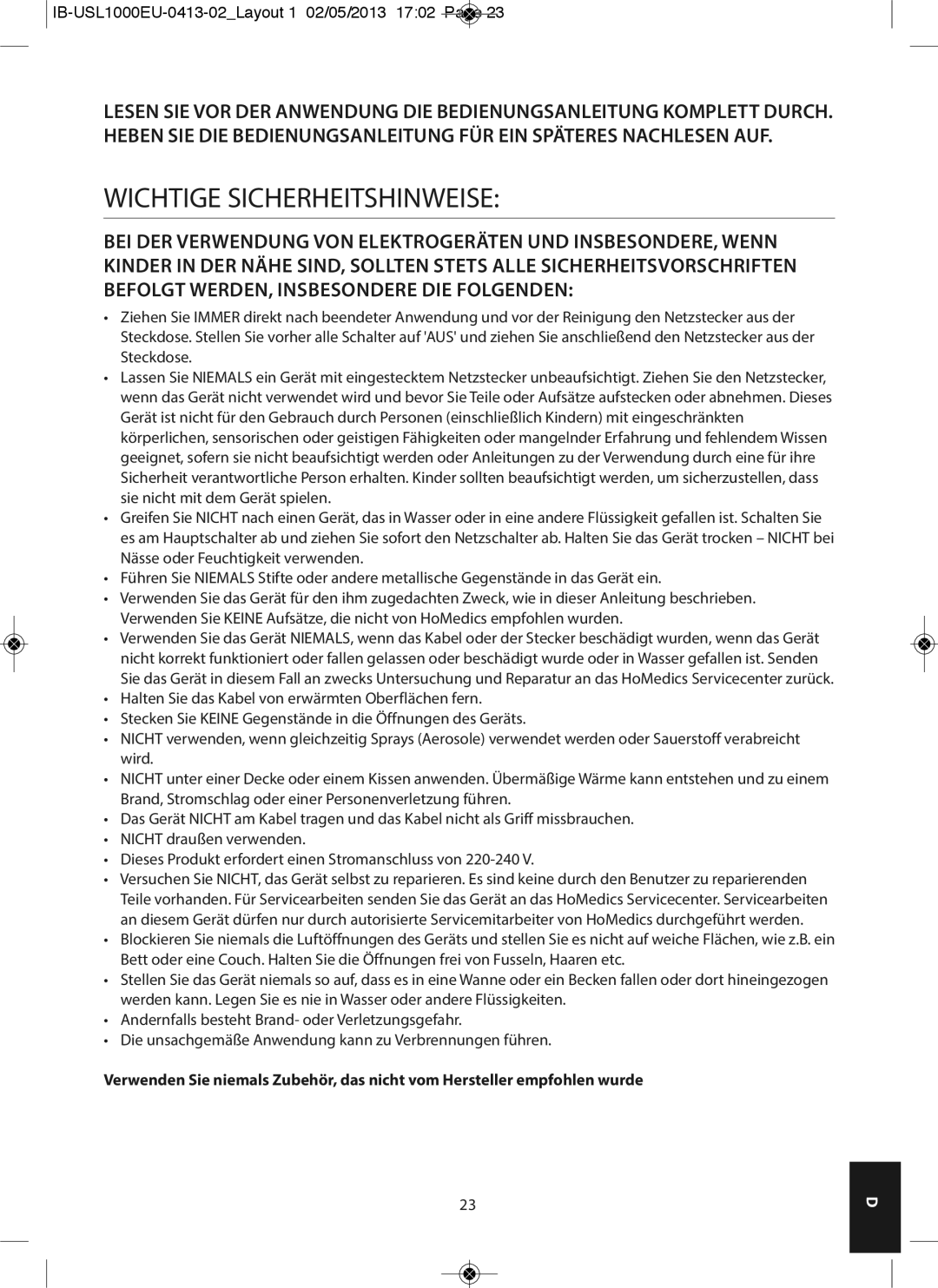 HoMedics USL-1000-EU instruction manual Wichtige Sicherheitshinweise 