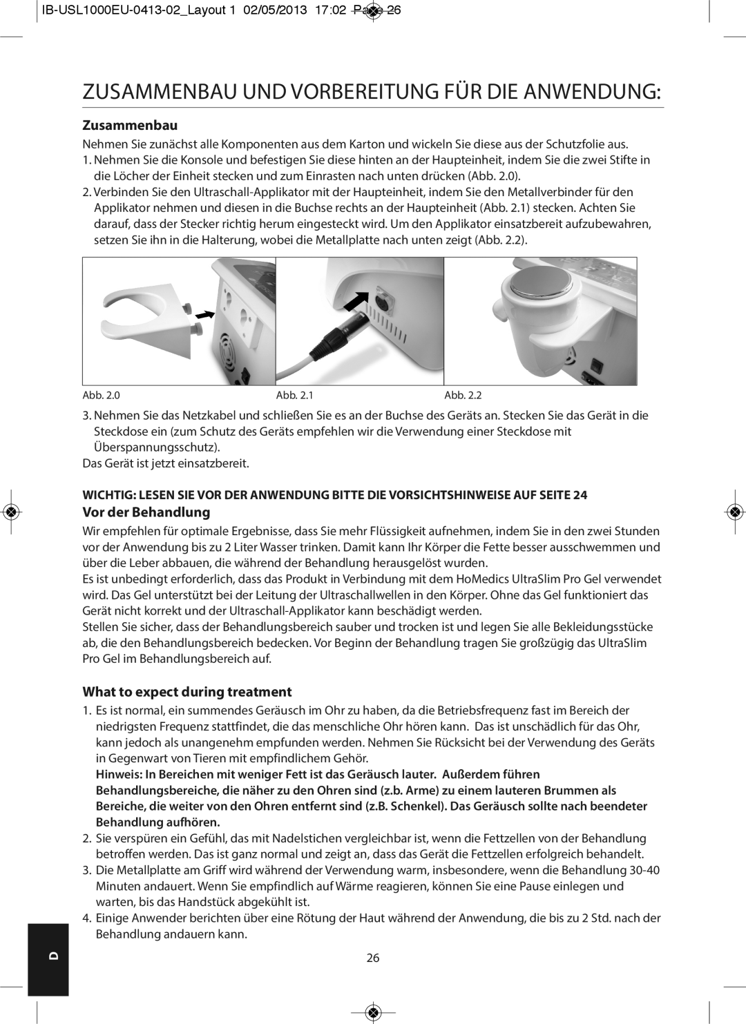 HoMedics USL-1000-EU instruction manual Zusammenbau, Vor der Behandlung 