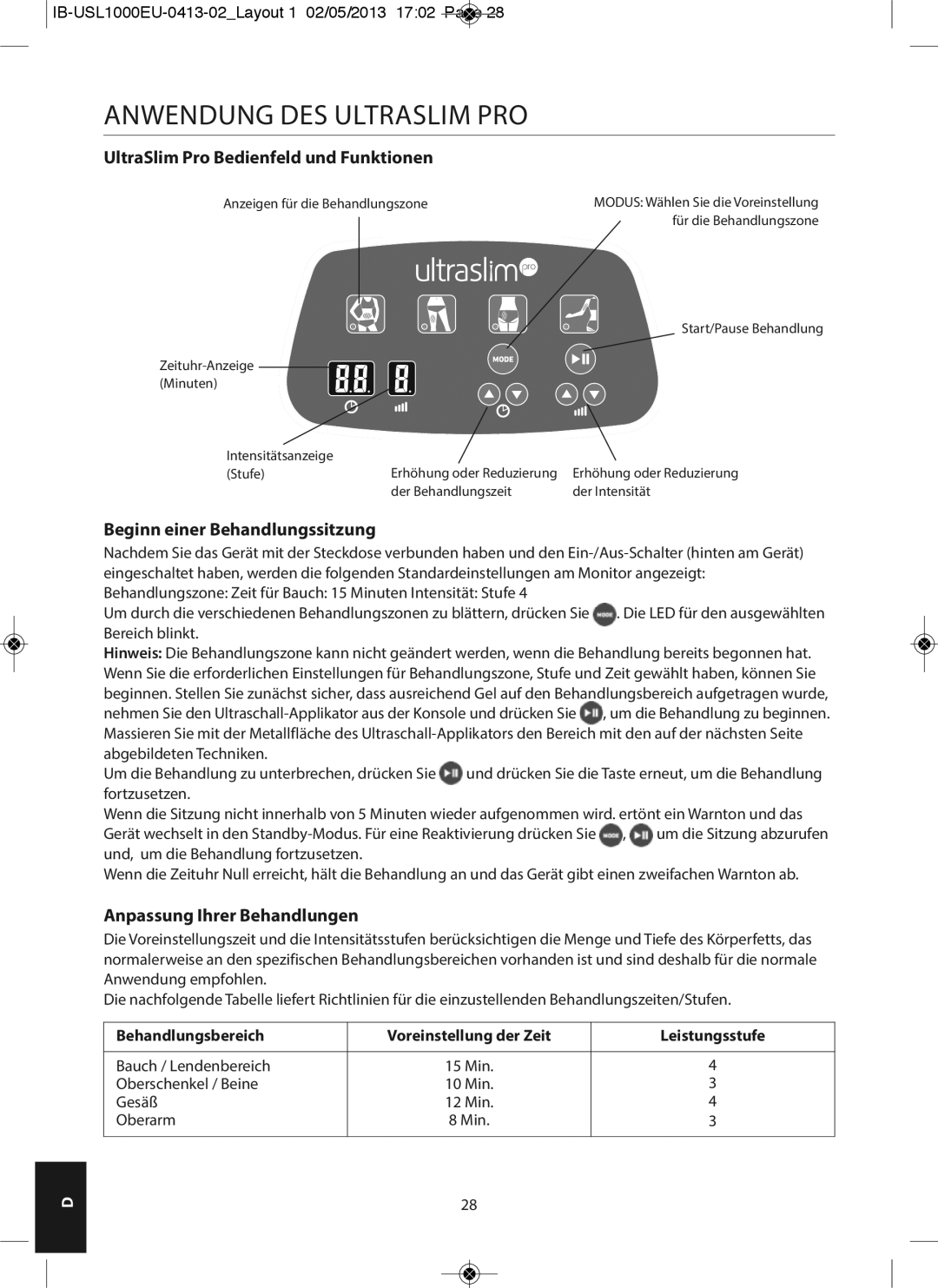 HoMedics USL-1000-EU Anwendung DES Ultraslim PRO, UltraSlim Pro Bedienfeld und Funktionen, Beginn einer Behandlungssitzung 