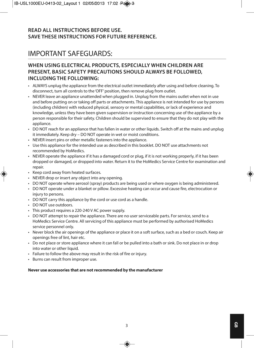 HoMedics USL-1000-EU instruction manual Important Safeguards 