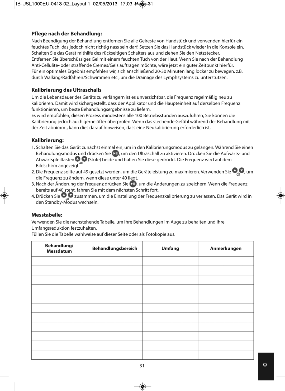 HoMedics USL-1000-EU instruction manual Pflege nach der Behandlung, Kalibrierung des Ultraschalls, Messtabelle 