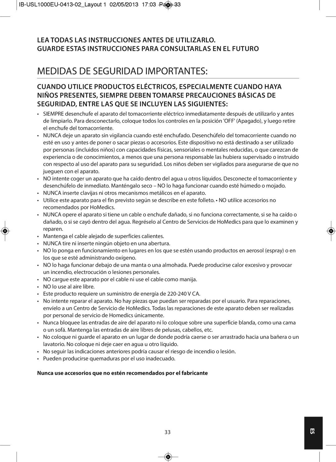 HoMedics USL-1000-EU instruction manual Medidas DE Seguridad Importantes 