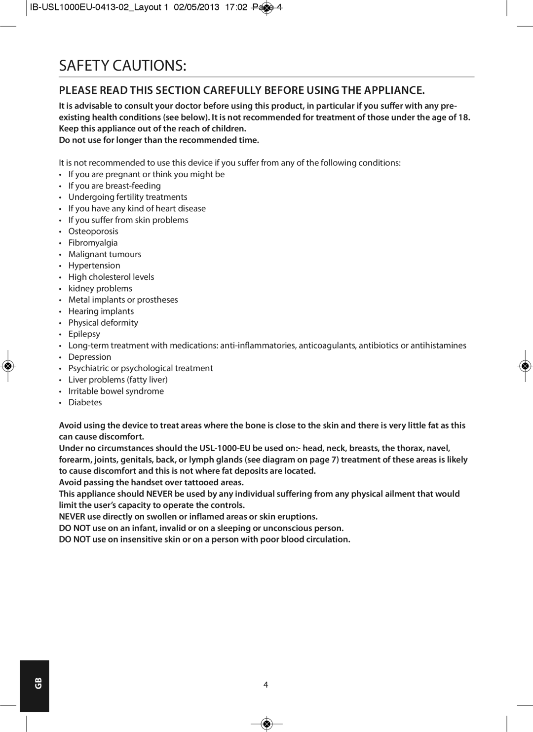 HoMedics USL-1000-EU instruction manual Safety Cautions 