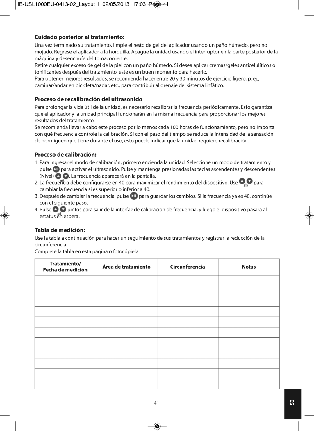 HoMedics USL-1000-EU Cuidado posterior al tratamiento, Proceso de recalibración del ultrasonido, Proceso de calibración 