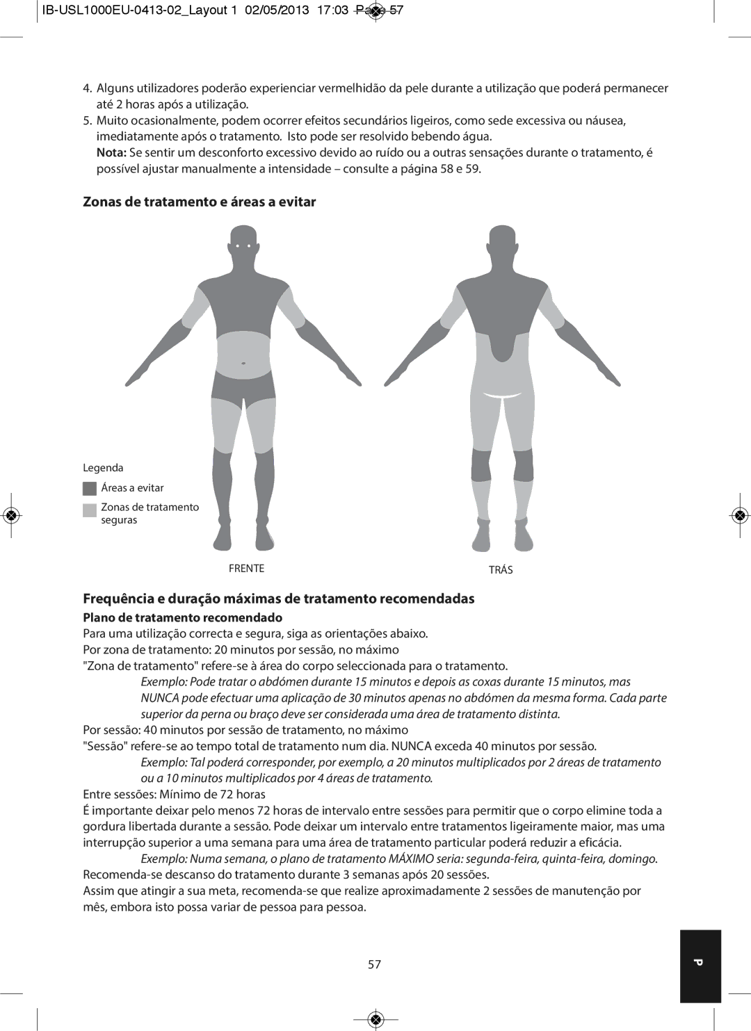 HoMedics USL-1000-EU Zonas de tratamento e áreas a evitar, Frequência e duração máximas de tratamento recomendadas 