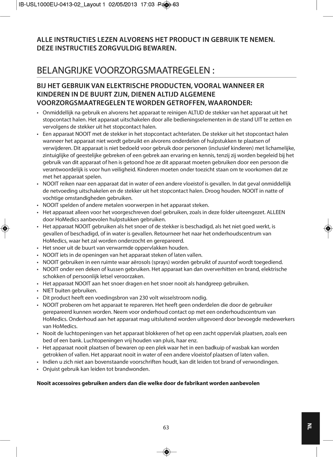 HoMedics USL-1000-EU instruction manual Belangrijke Voorzorgsmaatregelen 