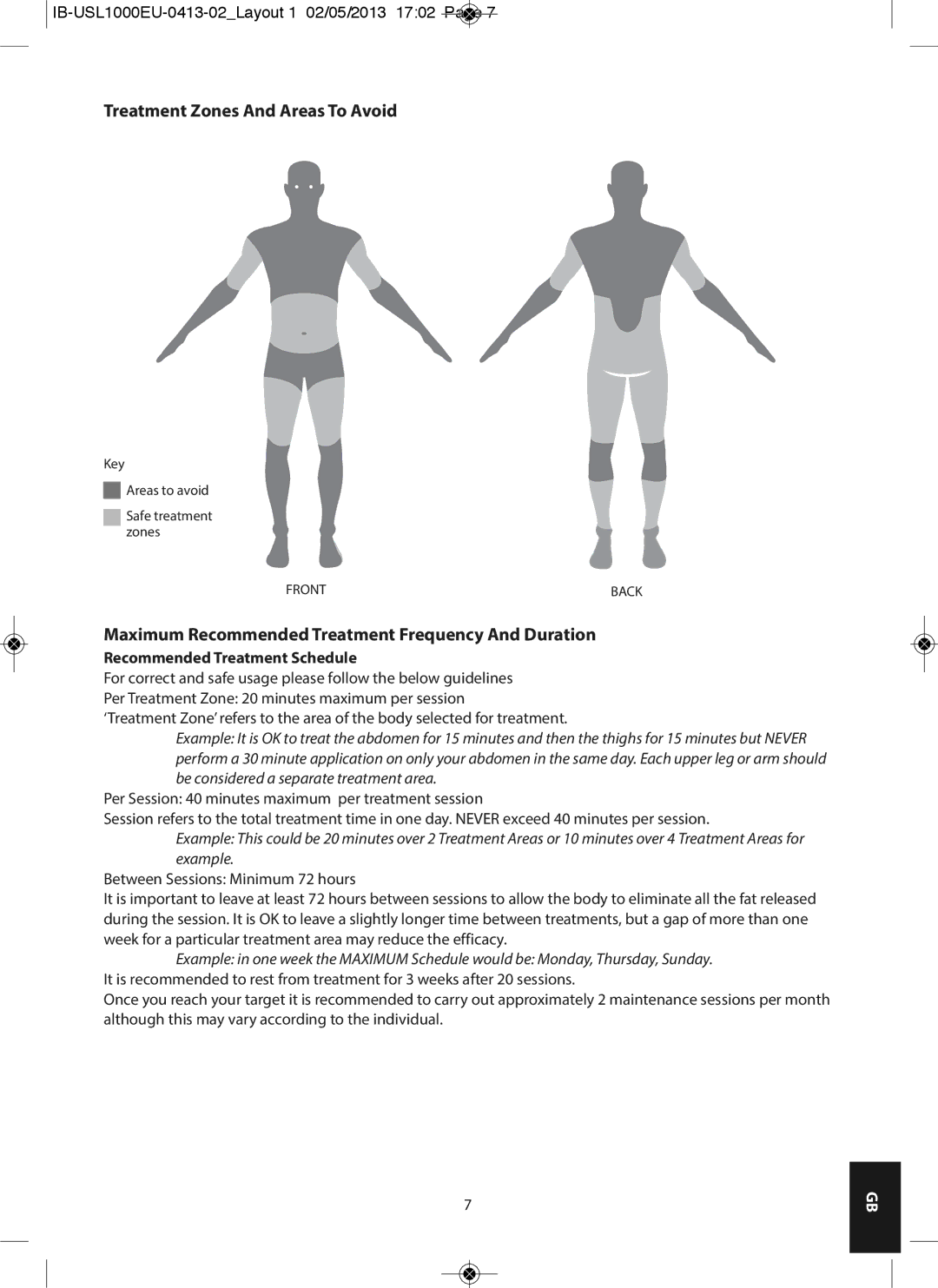 HoMedics USL-1000-EU Treatment Zones And Areas To Avoid, Maximum Recommended Treatment Frequency And Duration 