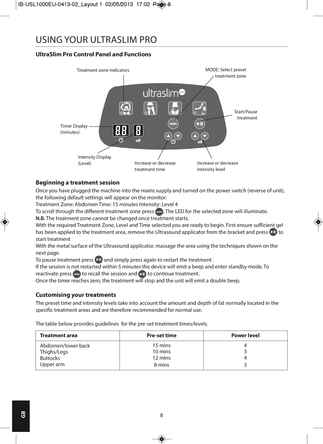 HoMedics USL-1000-EU Using Your Ultraslim PRO, UltraSlim Pro Control Panel and Functions, Beginning a treatment session 