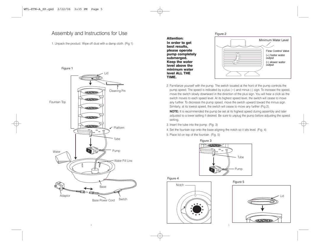 HoMedics WFL-ETN Assembly and Instructions for Use, Minimum Water Level, Cleaning Pin Fountain Top Platform Tube Water 