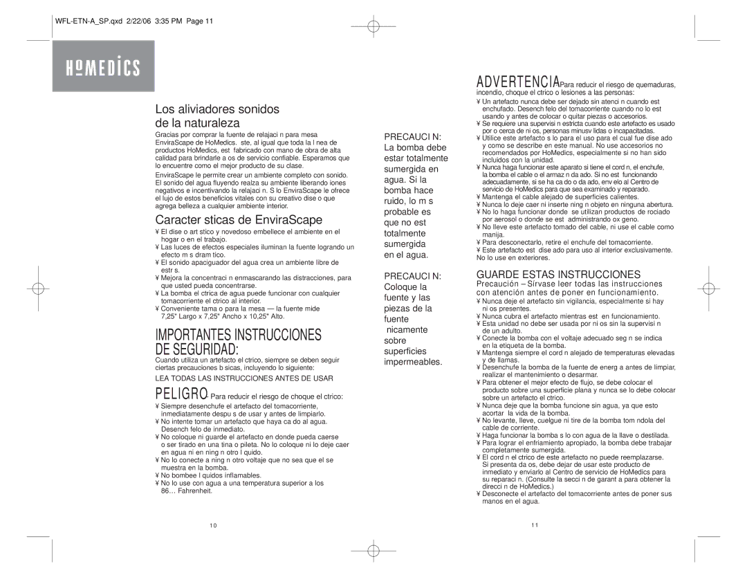 HoMedics WFL-ETN instruction manual Los aliviadores sonidos de la naturaleza, Características de EnviraScape 