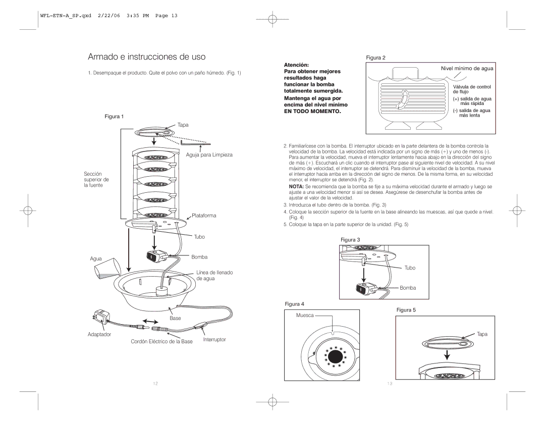 HoMedics WFL-ETN instruction manual Armado e instrucciones de uso, Base Cordón Eléctrico de la Base 