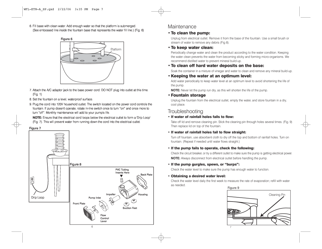 HoMedics WFL-ETN instruction manual Maintenance, Troubleshooting, To clean the pump, To keep water clean, Fountain storage 