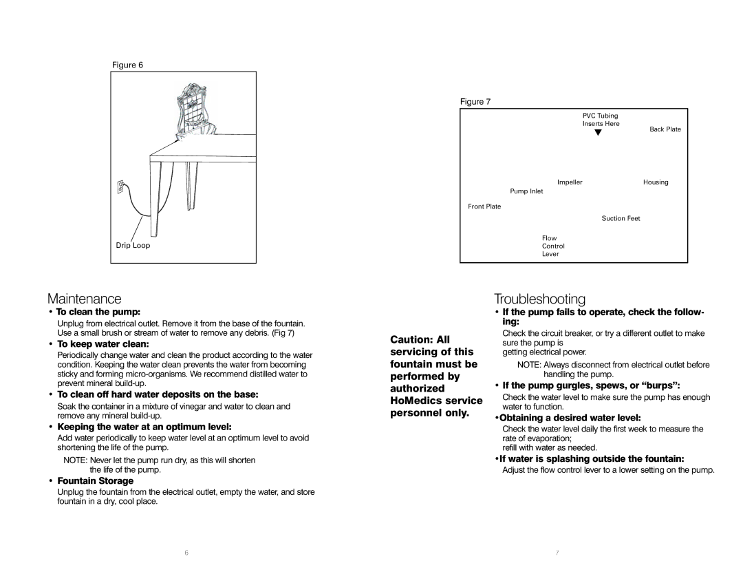 HoMedics WFL-FLOR instruction manual Maintenance, Troubleshooting, Drip Loop 