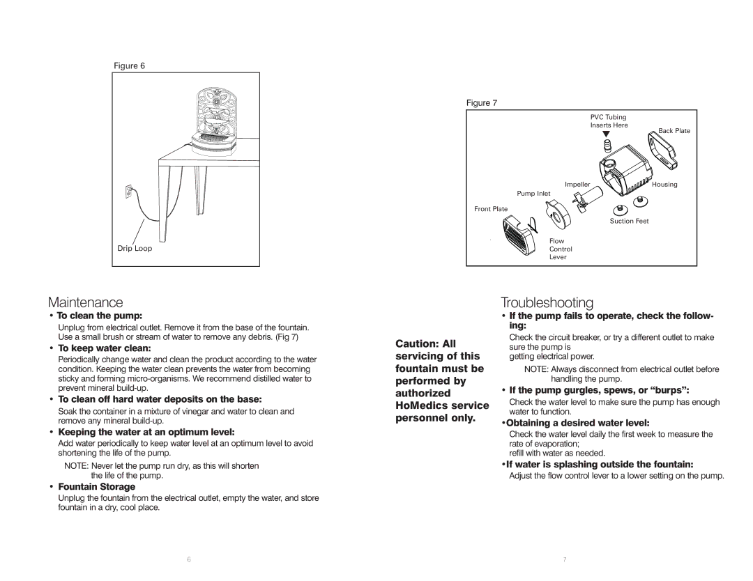 HoMedics WFL-GRE instruction manual Maintenance, Troubleshooting, Drip Loop 