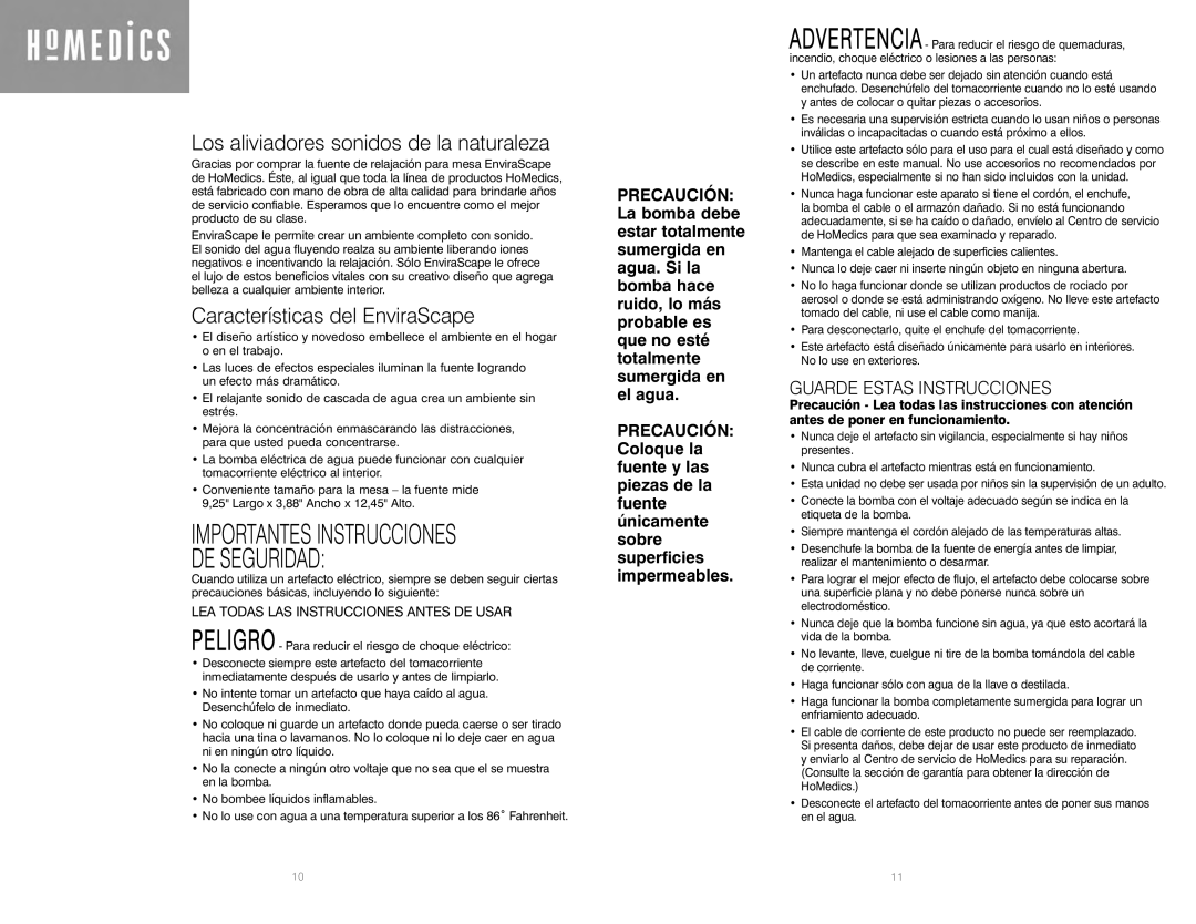 HoMedics WFL-ISL instruction manual Importantes Instrucciones DE Seguridad, Los aliviadores sonidos de la naturaleza 