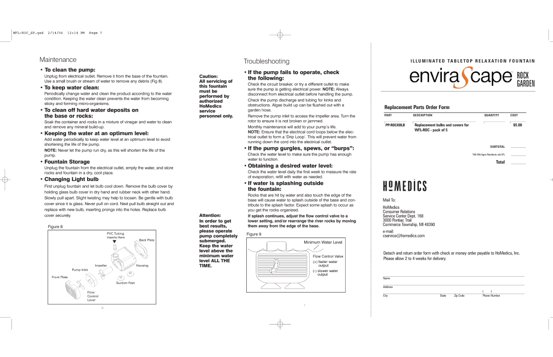 HoMedics WFL-ROC instruction manual Maintenance, Troubleshooting 