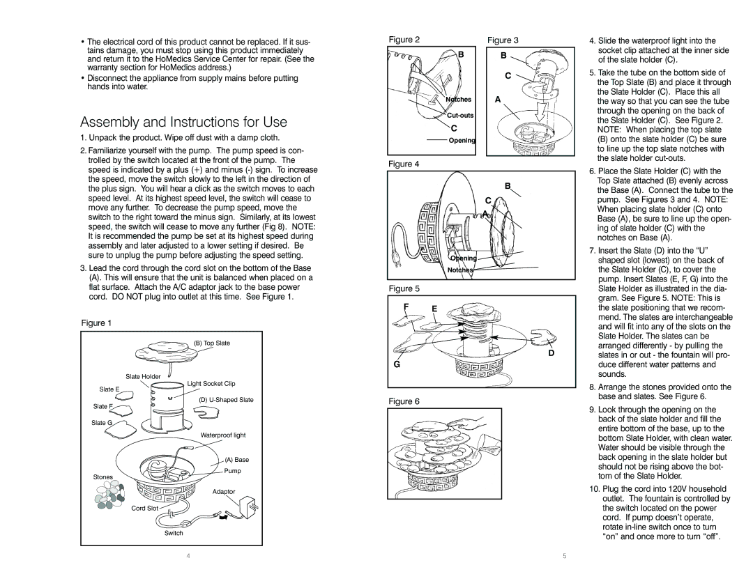 HoMedics WFL-ROCK instruction manual Assembly and Instructions for Use, Unpack the product. Wipe off dust with a damp cloth 