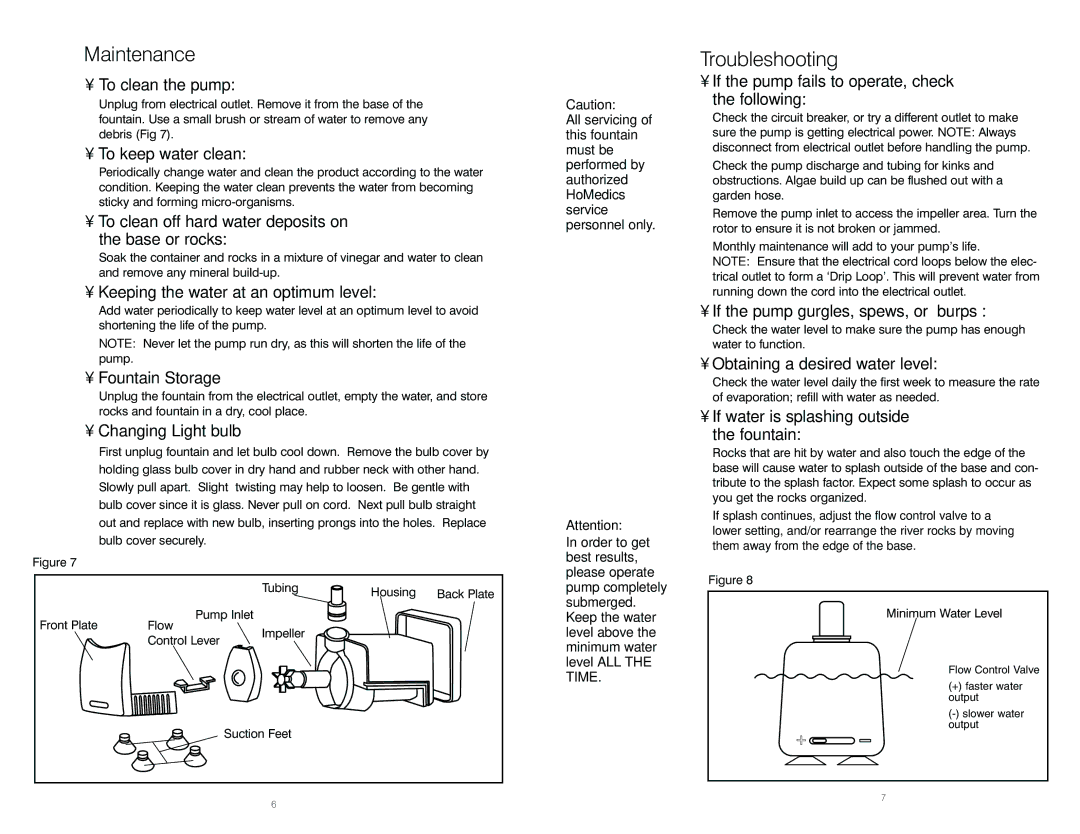 HoMedics WFL-ROCK instruction manual Maintenance, Troubleshooting 