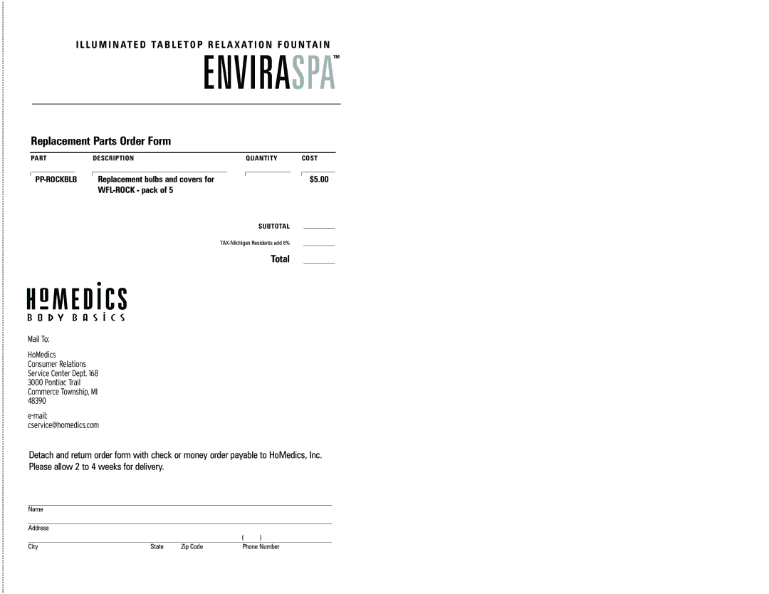 HoMedics WFL-ROCK instruction manual Enviraspatm, Replacement Parts Order Form 