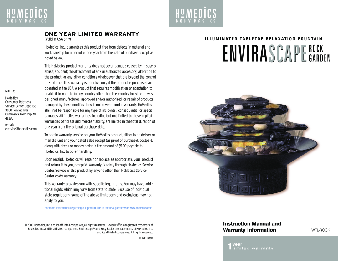 HoMedics WFL-ROCK instruction manual Envirascape Rock, Garden, One Year Limited Warranty 