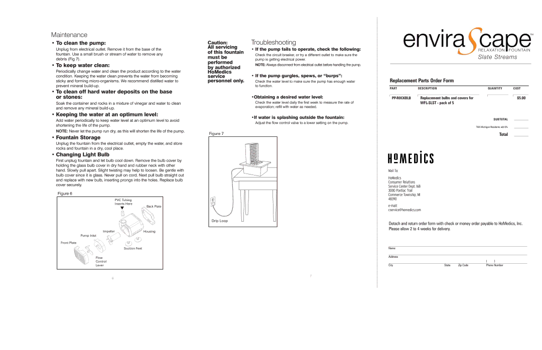 HoMedics WFL-SLST instruction manual Maintenance, Troubleshooting 