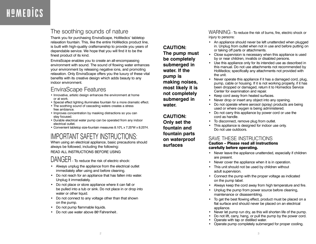 HoMedics WFL-SLVS instruction manual Soothing sounds of nature, EnviraScape Features 