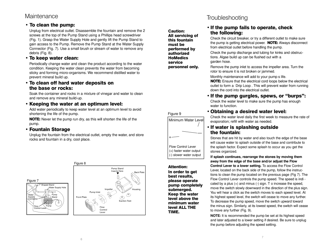 HoMedics WFL-SLVS instruction manual Maintenance, Troubleshooting 