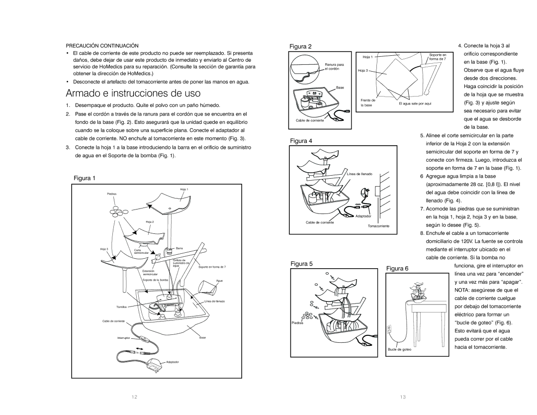 HoMedics WFL-SLVS instruction manual Armado e instrucciones de uso, Precaución Continuación 