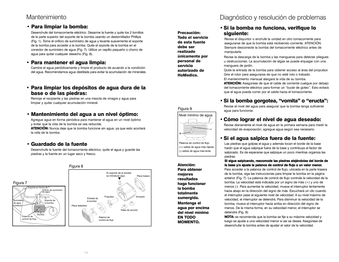 HoMedics WFL-SLVS instruction manual Mantenimiento, Diagnóstico y resolución de problemas 