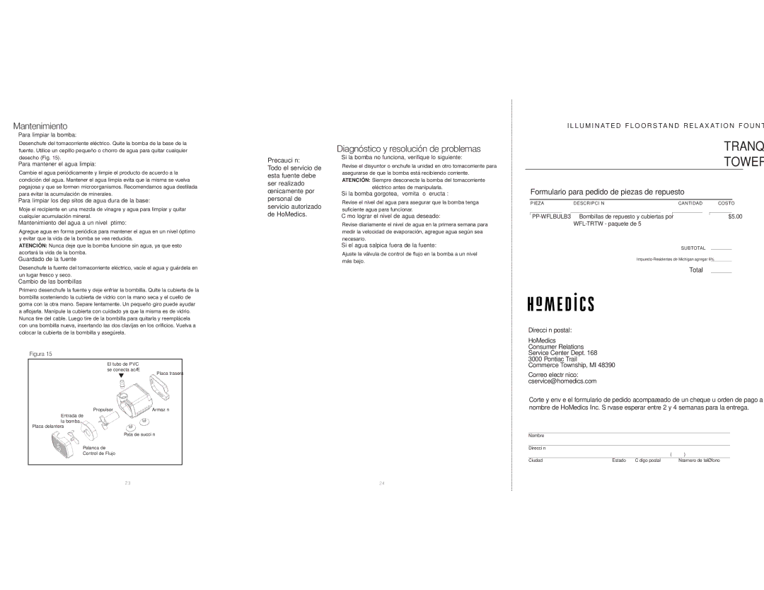 HoMedics WFL-TRTW, IB-WFLTRTW instruction manual Mantenimiento, Diagnóstico y resolución de problemas 