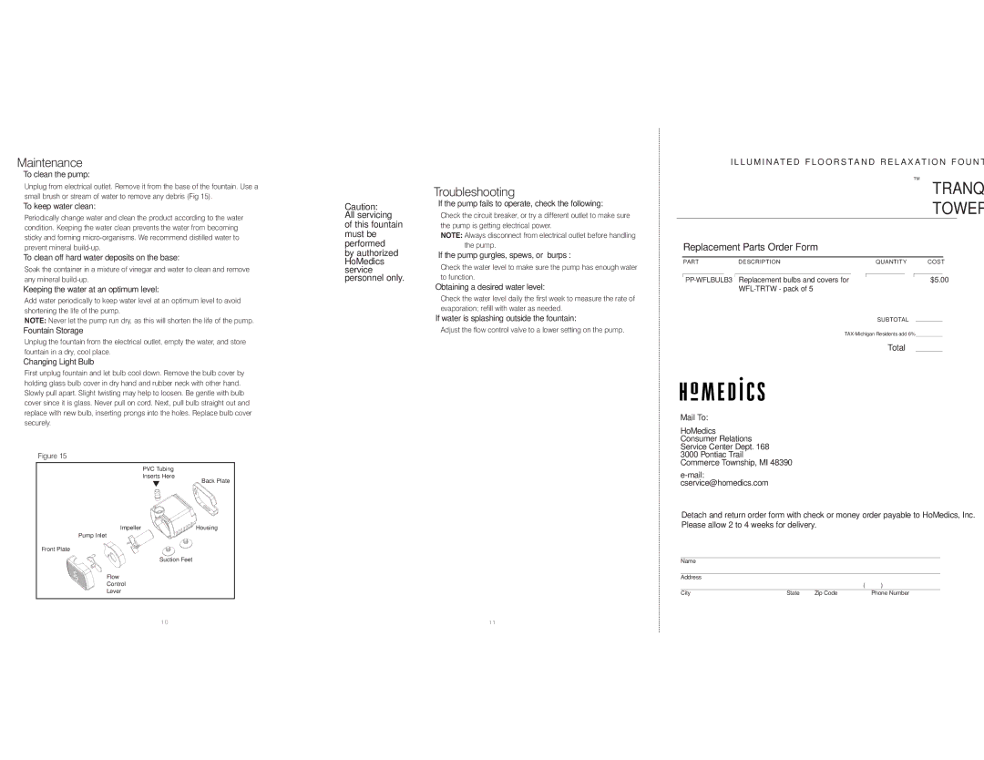 HoMedics WFL-TRTW, IB-WFLTRTW instruction manual Maintenance, Troubleshooting 