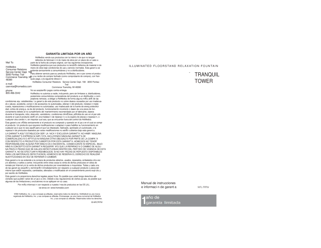 HoMedics IB-WFLTRTW, WFL-TRTW instruction manual Manual de instrucciones Información de garantía 