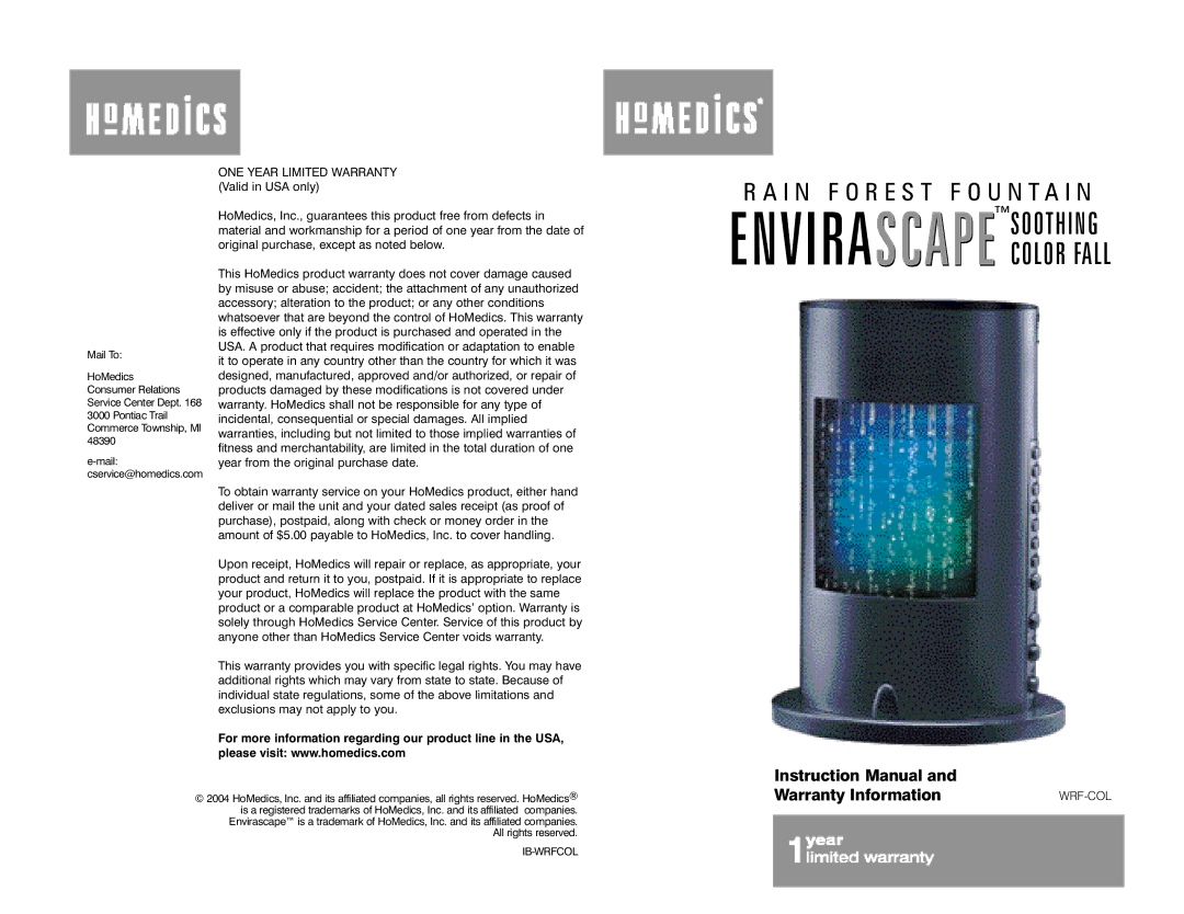 HoMedics WRF-COL instruction manual I N F O R E S T F O U N T a I N 