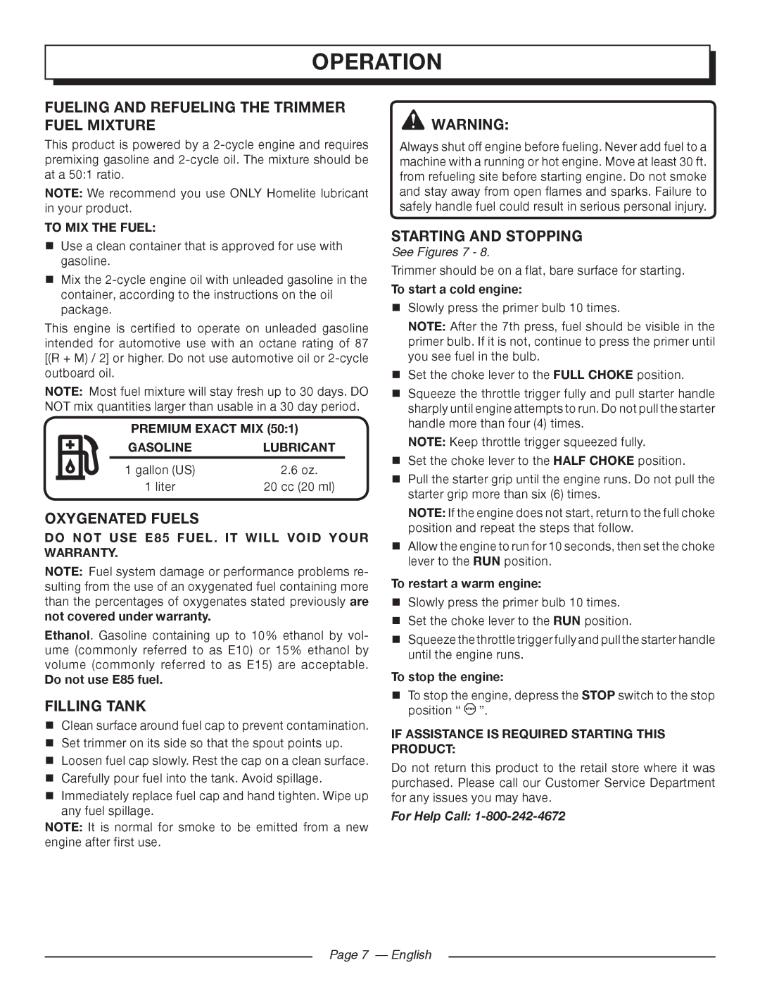 Homelite 26CS UT22600, 26SS UT22650 Fueling and Refueling the trimmer, Fuel Mixture, Oxygenated Fuels, Filling Tank 