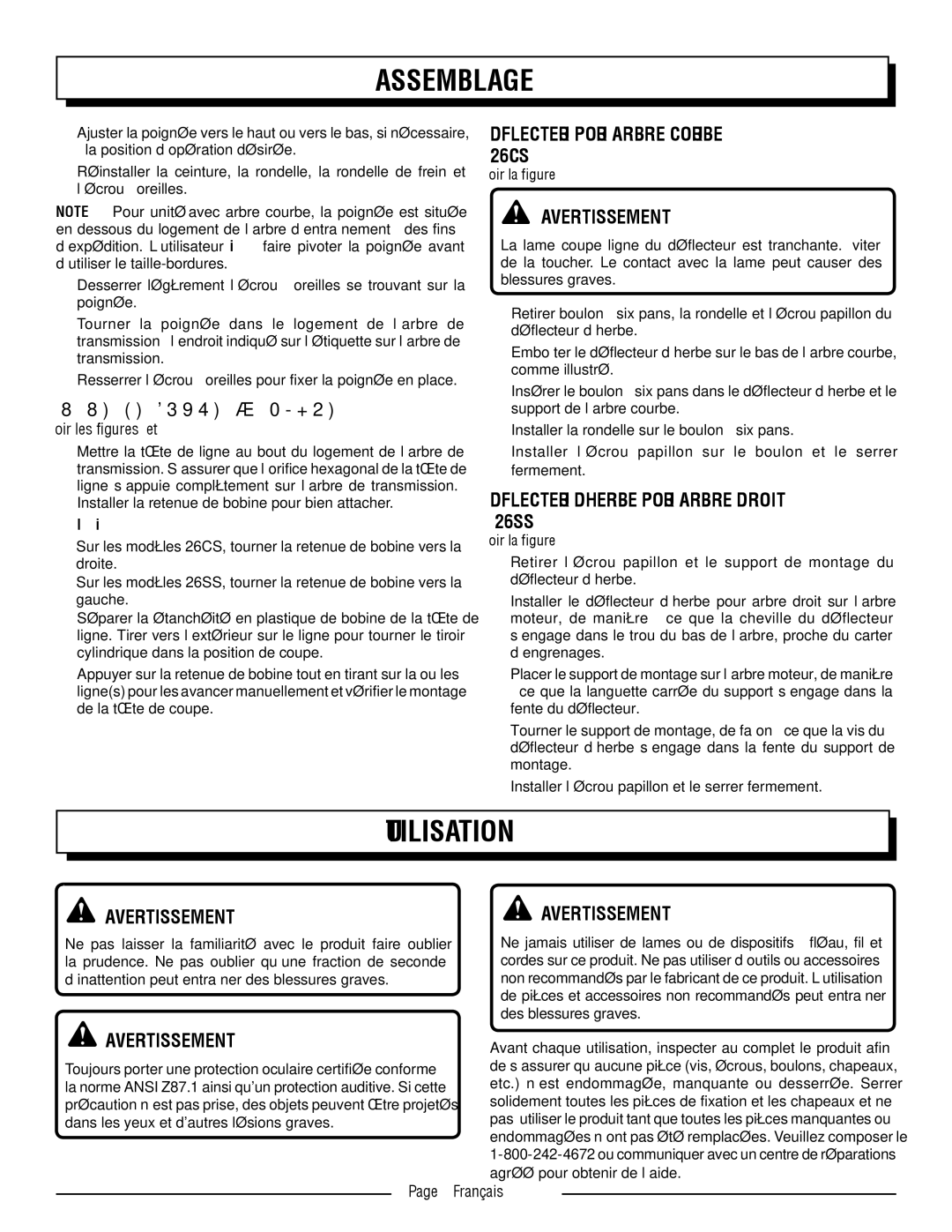 Homelite 26SS UT22650, 26CS UT22600 Utilisation, Déflecteur D’HERBE Pour Arbre Droit, Avertissement AVERTISSEMENT  